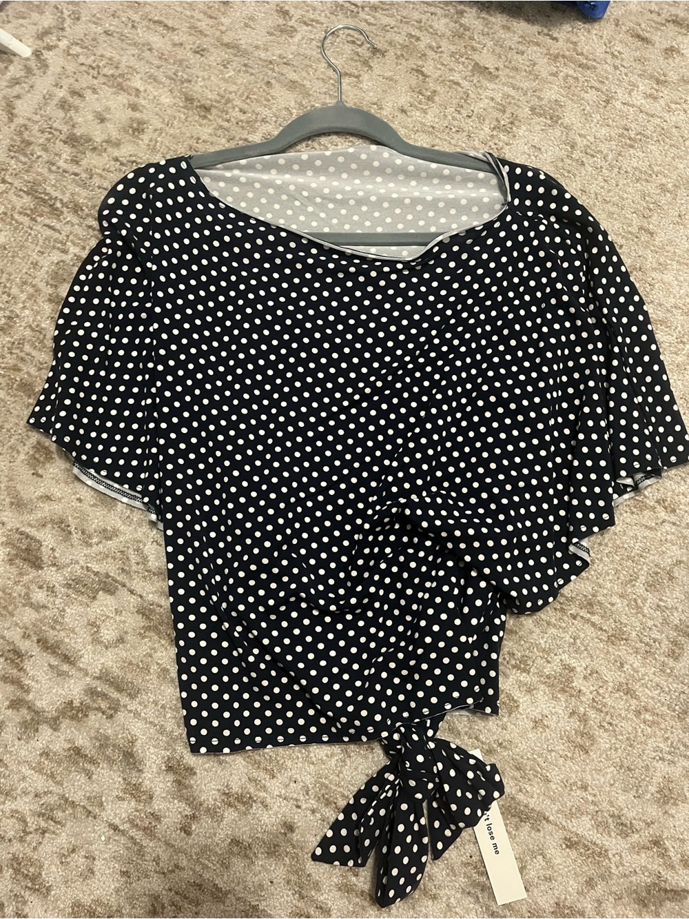 Reformation Navy Blue & White Polka Dot Tie-Front Blouse